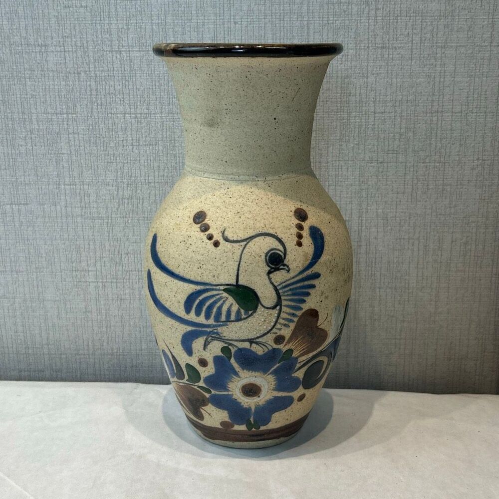 Tonala Pottery Vase Mexico Bird Flowers Folk Art Handmade Sandstone Beige Brown